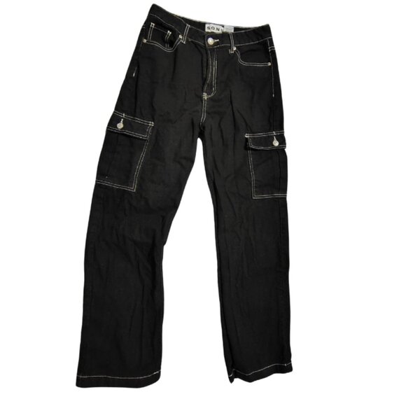 Womens Y2K Style Black Wide Leg Cargo Jeans High Rise Size 9/29 Grunge  Skater - Picture 1 of 6